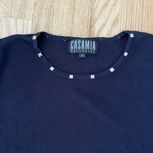 Casamia old money minimalist studded short sleeve navy blue blouse shirt Medium‎
